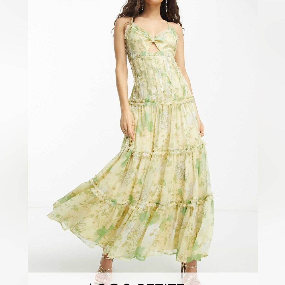 ASOS design Size 12P knot front cut out maxi slip dress raw edge tiers green